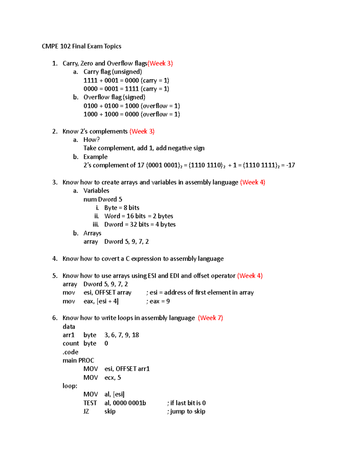 Final Exam Revision - CMPE 102 Final Exam Topics 1. Carry, Zero and ...