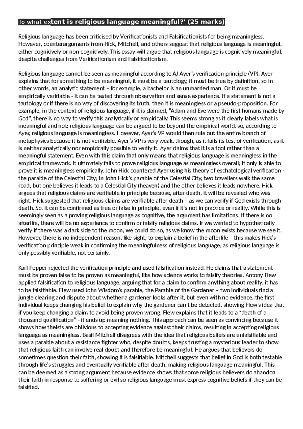 Religious Language: Meaningfulness vs. Verificationism (25 Marks) - Studocu