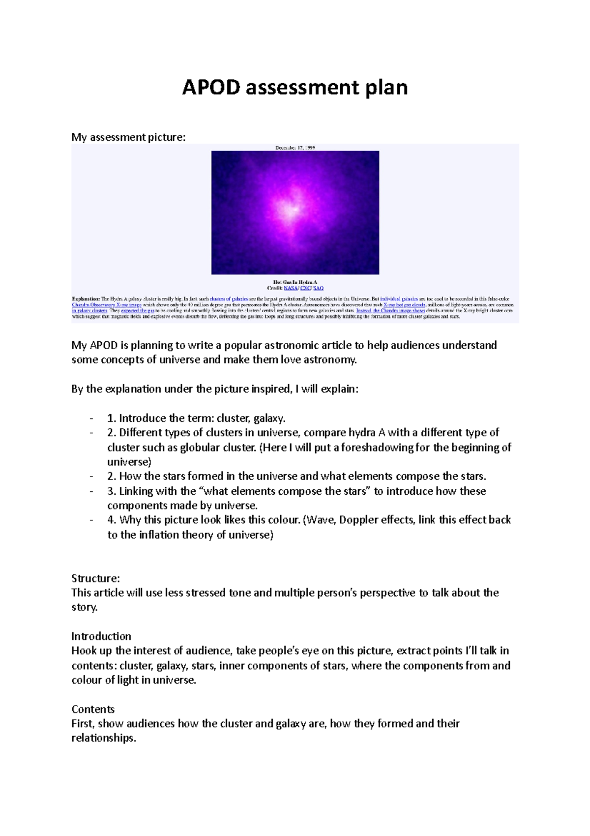 APOD Assessment Plan: Exploring Clusters & Galaxies in Astronomy - Studocu