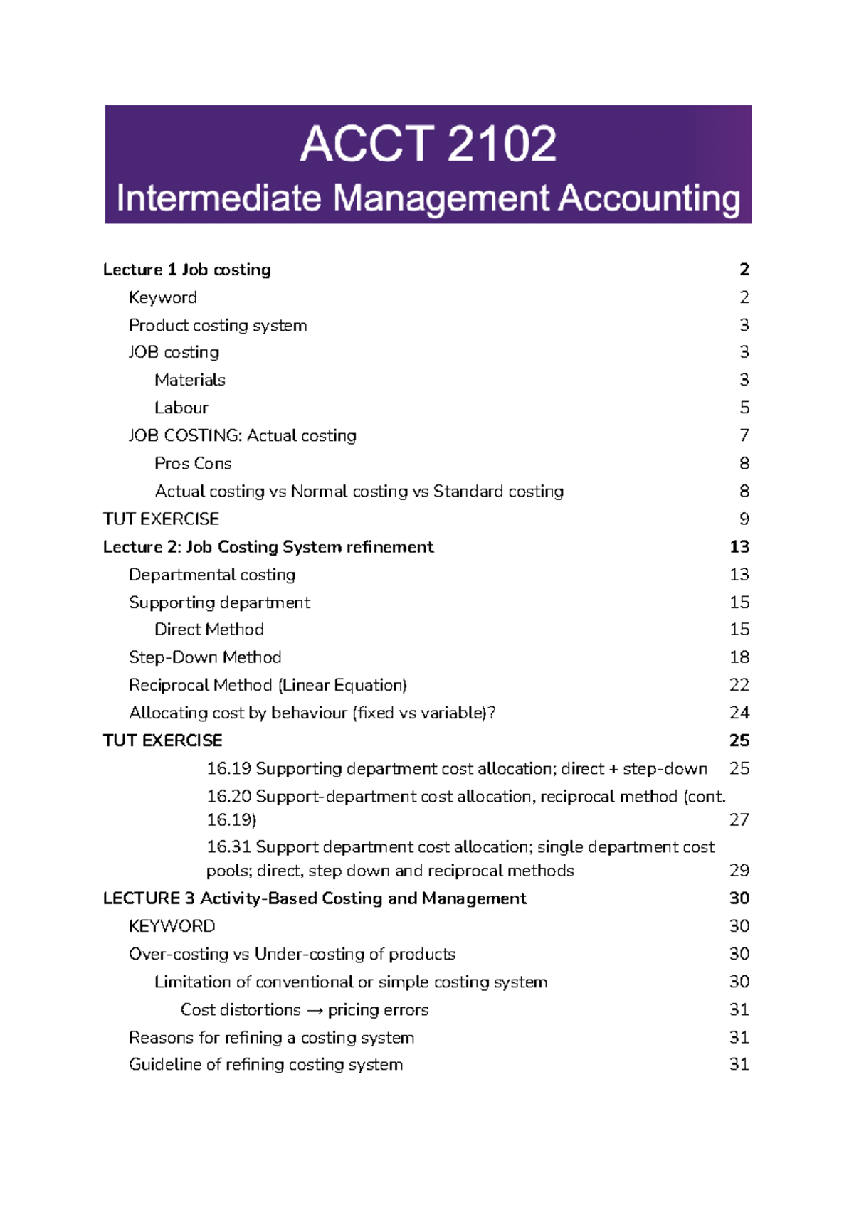 ACCT 2102 Lecture Notes: Job Costing Systems and Cost Behavior Analysis ...