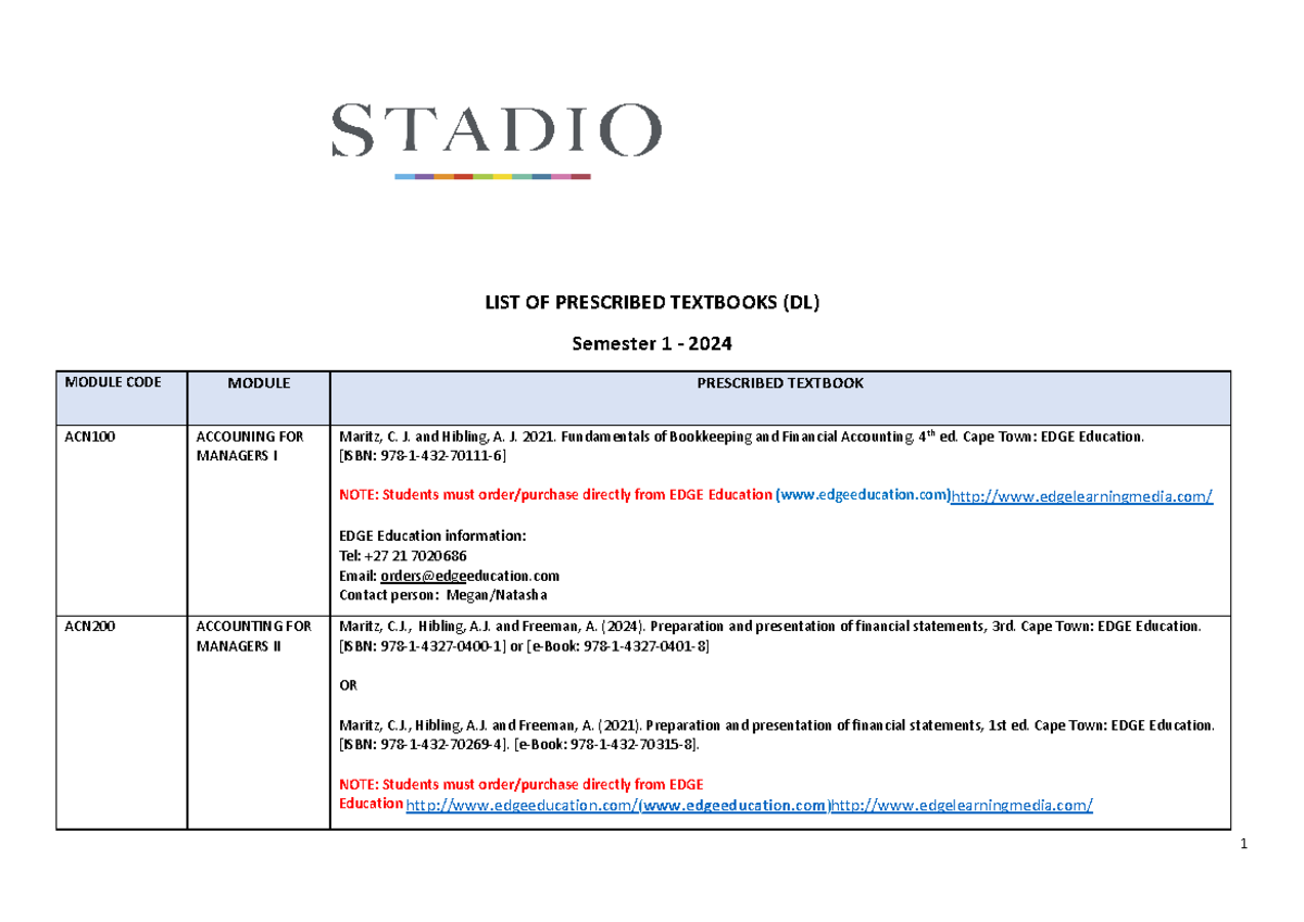 2024 S1 Prescribed Textbooks List - Final - Stadio DL - Studocu