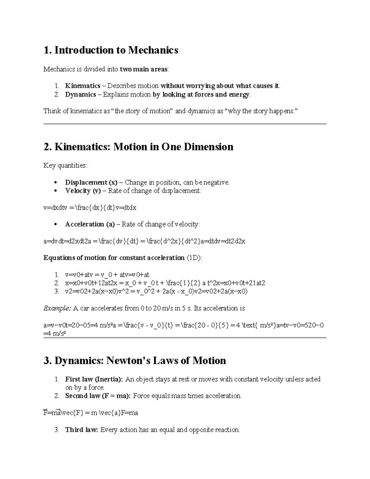 Mechanics Physics: Kinematics and Dynamics Overview - Studocu