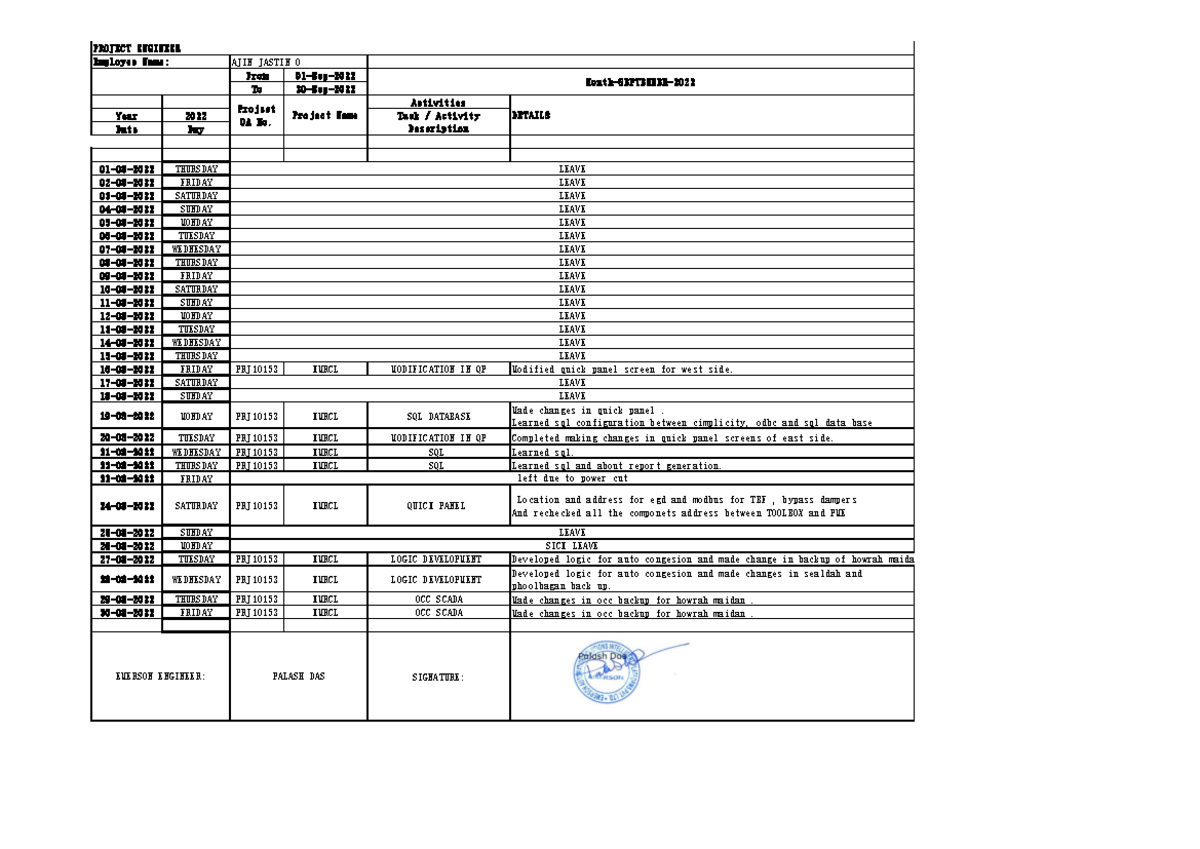 Daily Activity Time Sheet