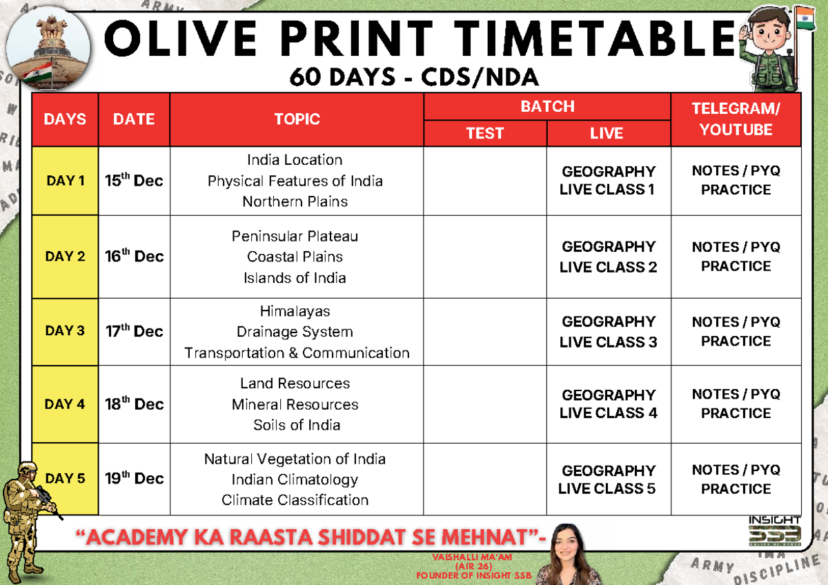 Olive Print Timetable for SSB CE ARM Y - Key Dates & Live Classes - Studocu