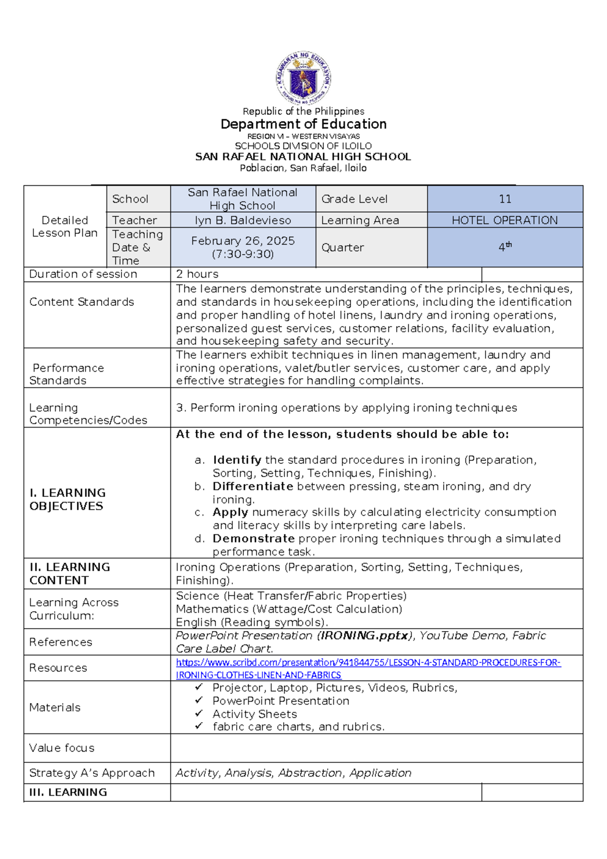 DLP COT4: Detailed Lesson Plan for Hotel Operation in Grade 11 - Studocu