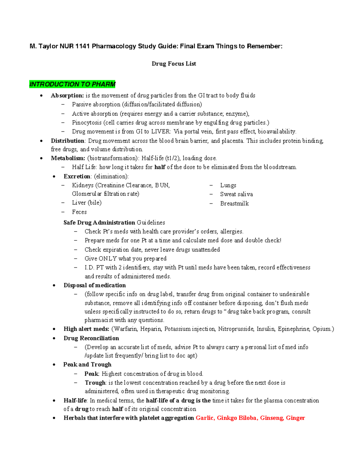 NUR 1141 Pharmacology Final Exam Study Guide: Key Concepts and Meds ...