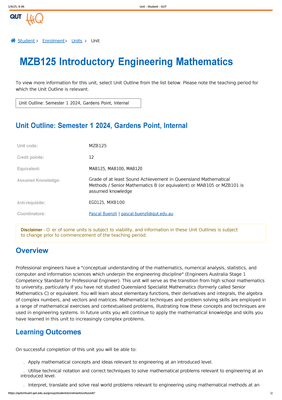 MZB125 - Introductory Engineering Mathematics Unit Overview and ...