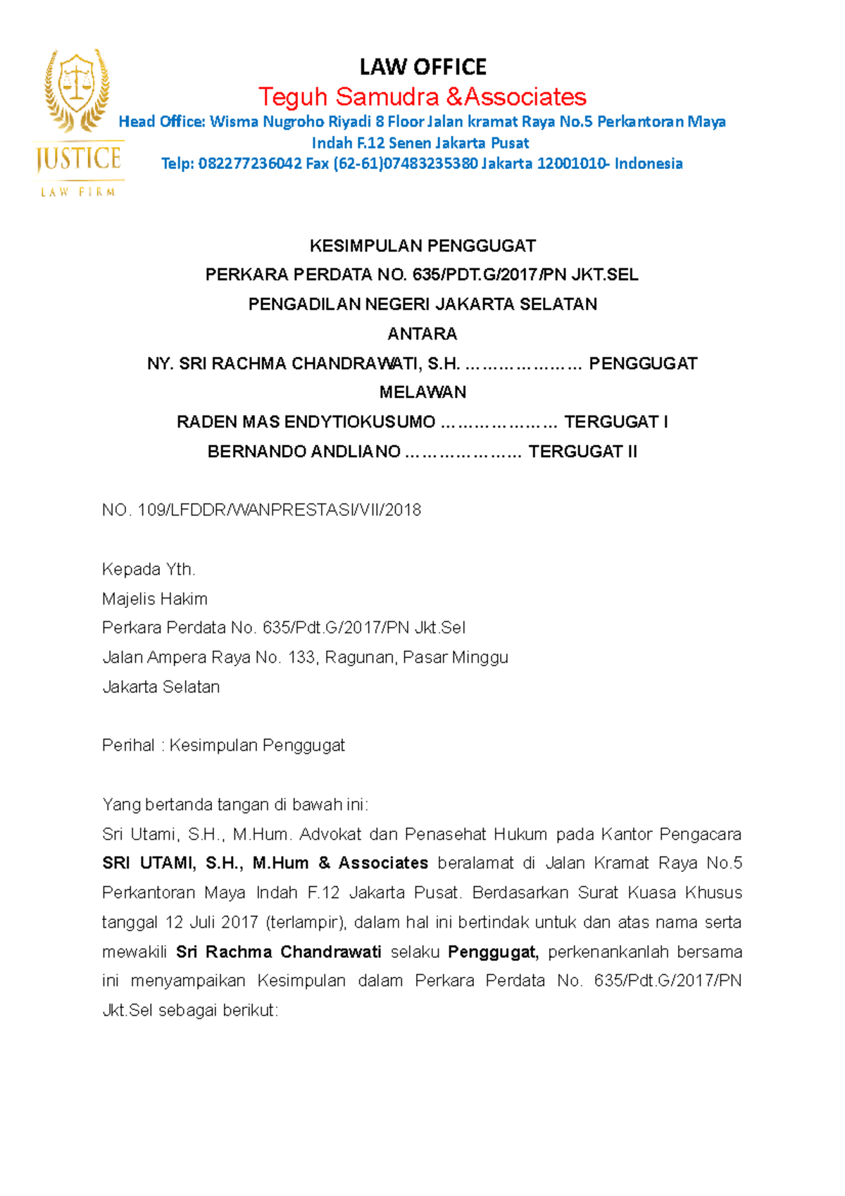 Kesimpulan Penggugat dalam Perkara Perdata No. 635/PDT.G/2017/PN JKT.SEL - Document Preview