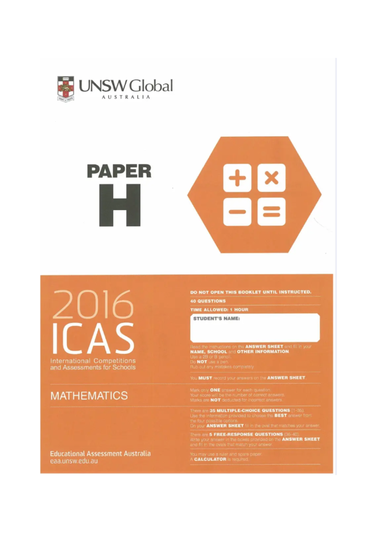 ICAS Mathematics Paper H 2016: Exam Paper with 40 Questions - Studocu