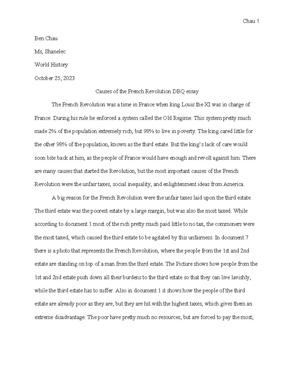 Causes of the french revolution DBQ - Chau 1 Ben Chau Ms, Shanelec ...