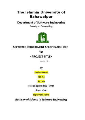 SRS Template SE - very helpful - BS (SE) FINAL PROJECT Project - Studocu