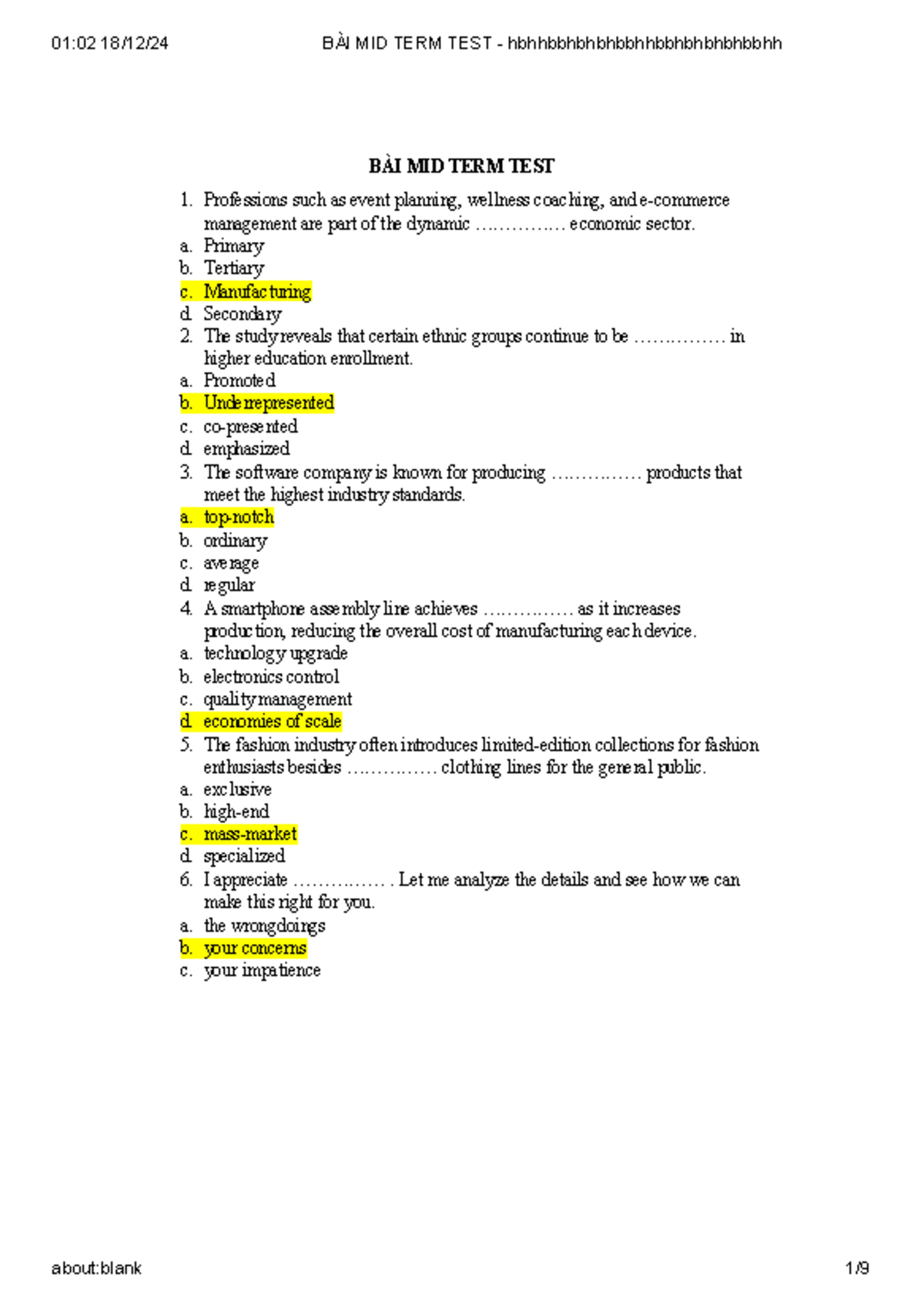 BÀI MIDTERM TEST BÁS 101 - Professions, Investments, and Economic ...