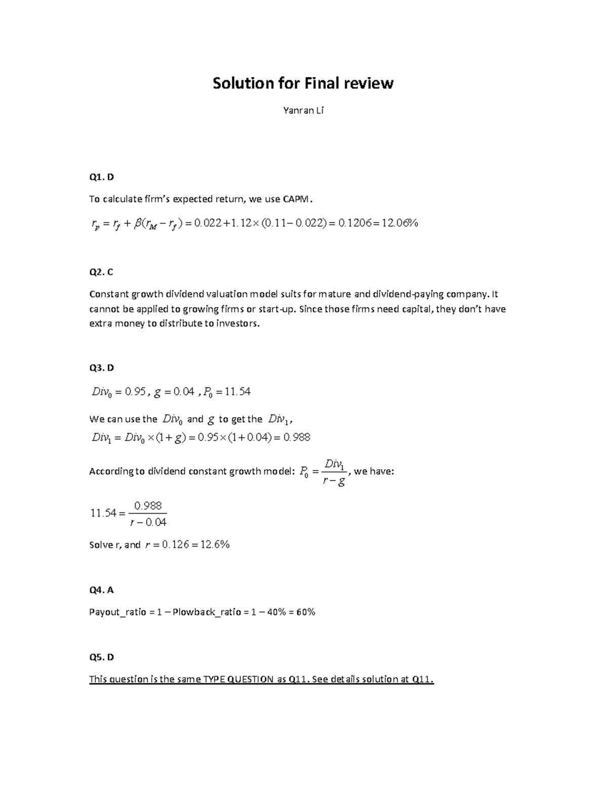 Final Review Solutions for Finance 101: Practice Questions - Studocu