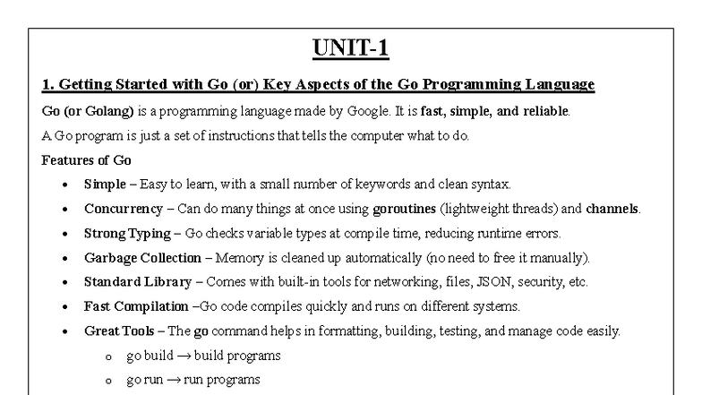 GO UNIT 1 TO 3A: Comprehensive Guide to Go Programming Language - Studocu