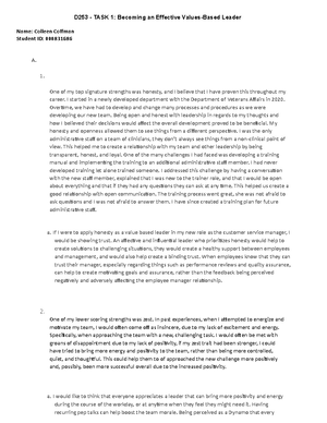 D253 Task 1 - D253 Task 1 - D253 - TASK 1: Becoming an Effective Values ...
