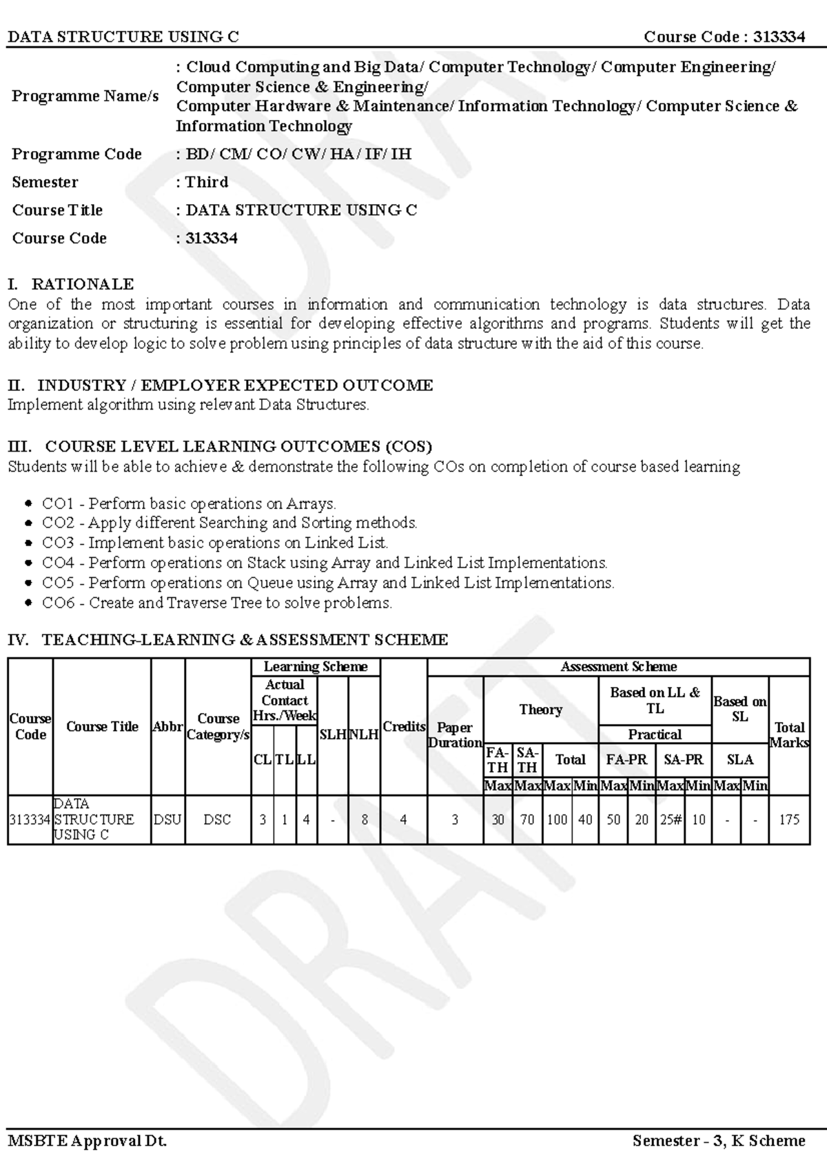 313334 DATA Structure Using C - Course Outline and Learning Outcomes ...