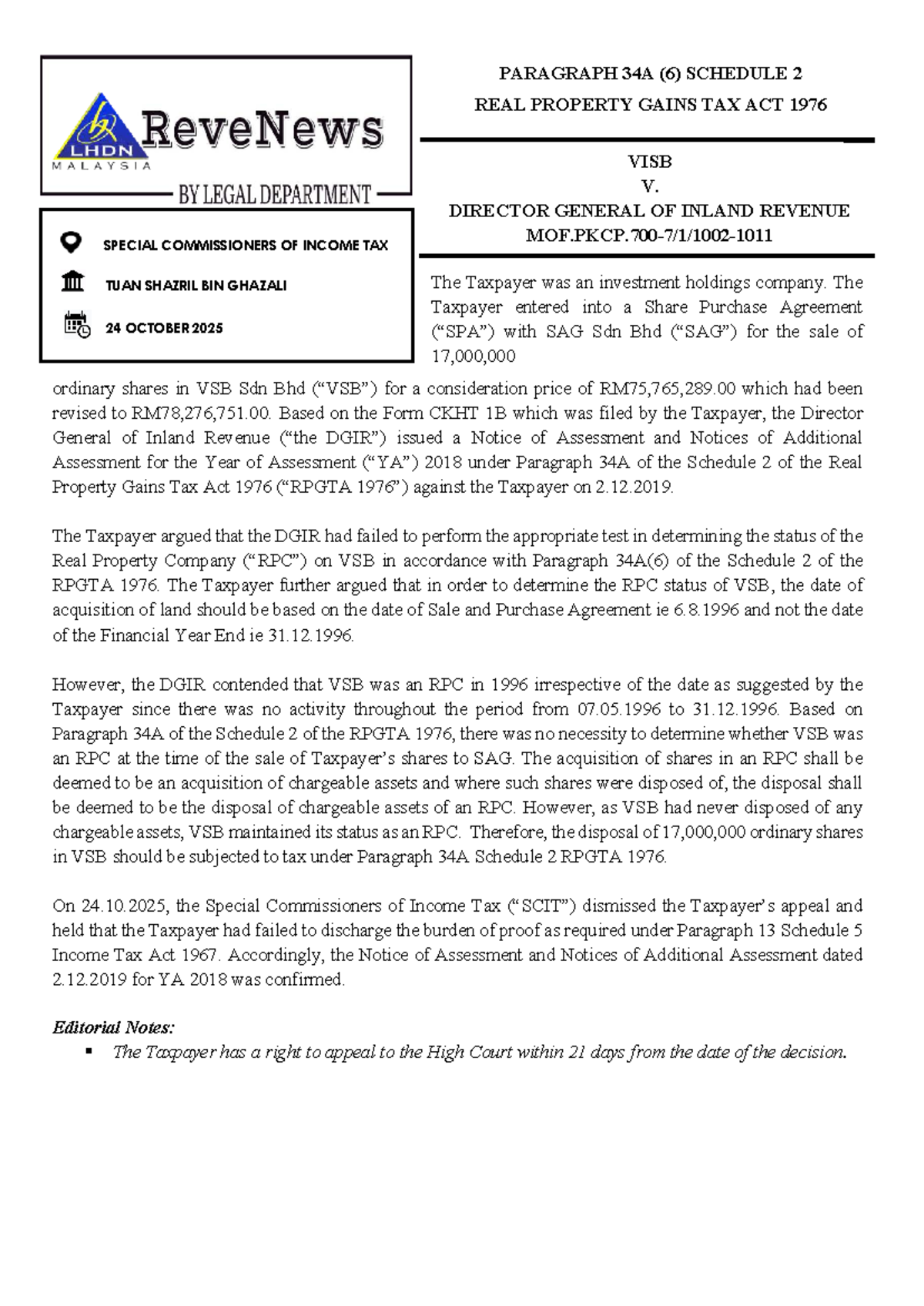 RPGT 3 - Case Study on Real Property Gains Tax Act 1976 - Studocu
