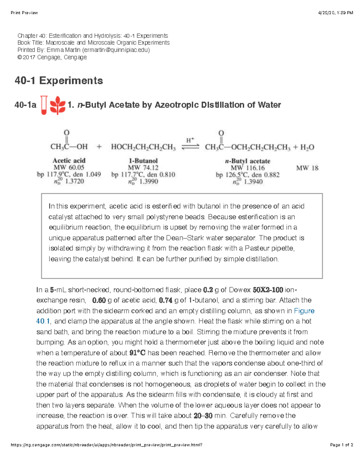 Lab - Esterification and Hydrolysis Experiments (CHEM 101) - Studocu