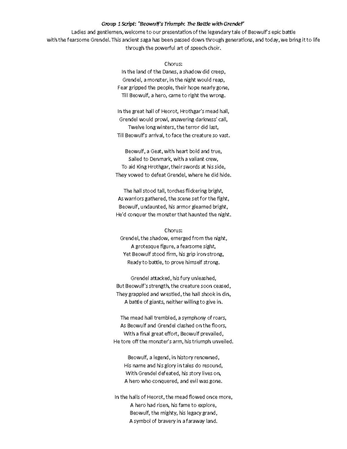 Speech Choir Script: Beowulf vs Grendel for Groups 1 & 2 - Studocu