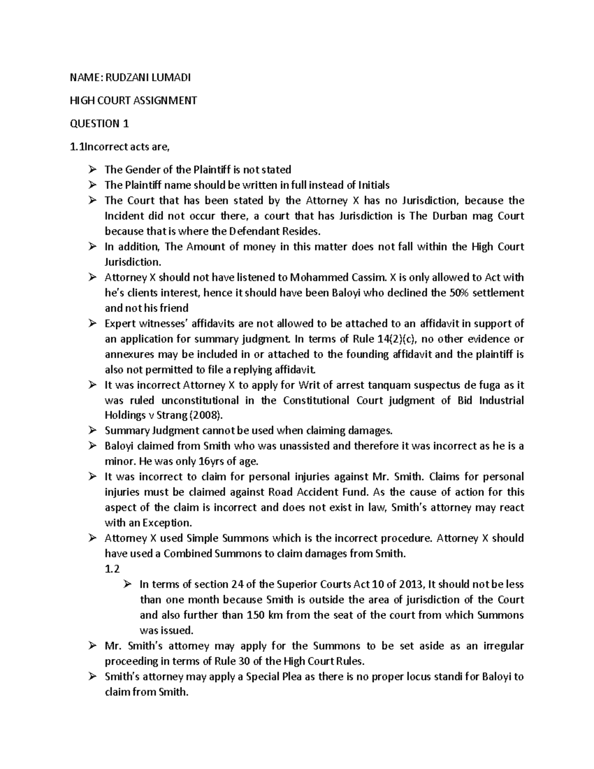 High Court Assignment: Jurisdiction and Procedural Errors Analysis ...