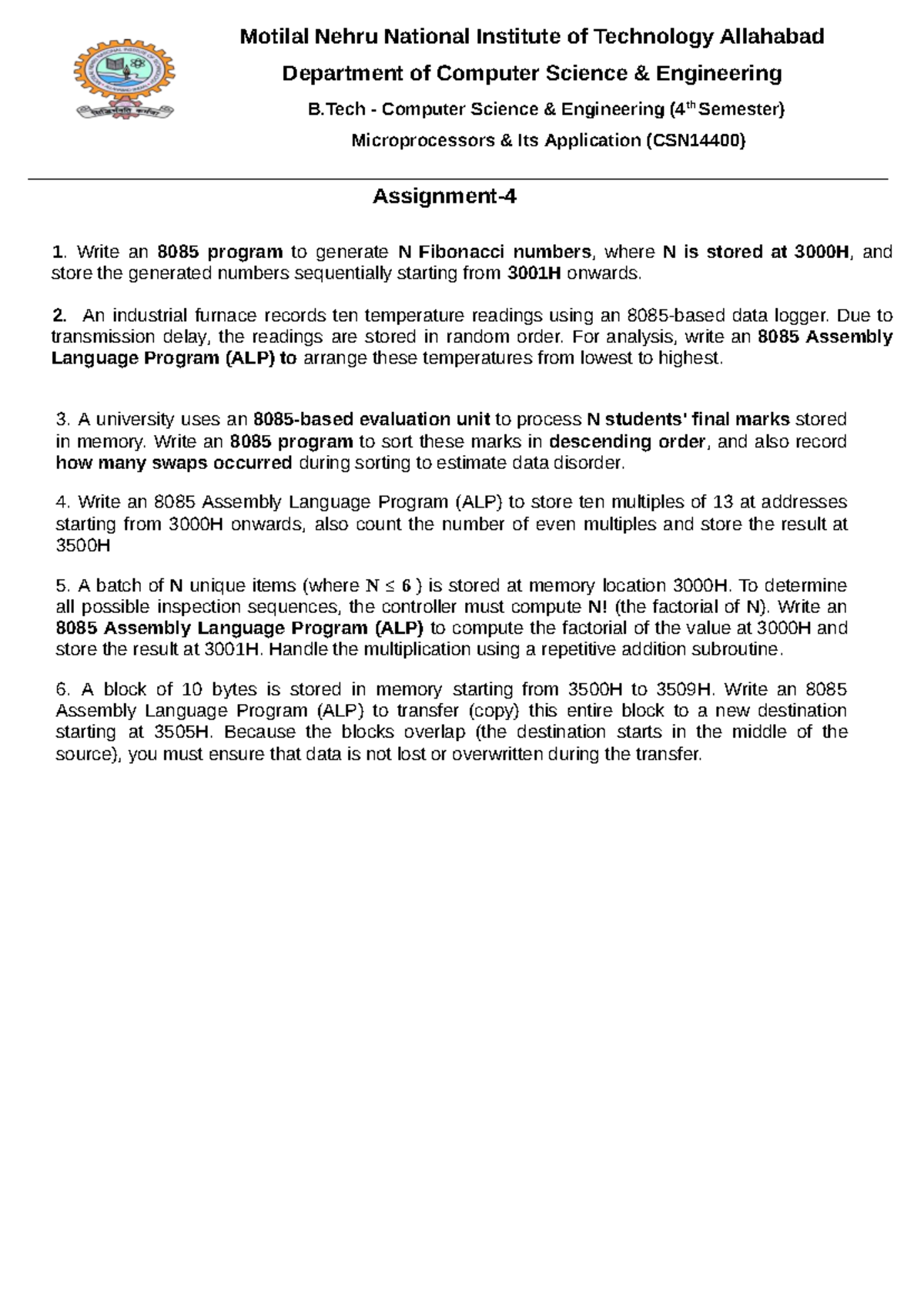 CSN14400 8085 Assignment 4: Microprocessor Programs and Applications ...