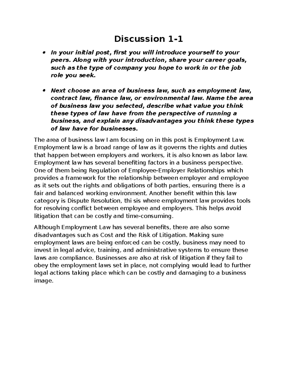 1-1 Discussion: Exploring Employment Law and Its Business Implications ...