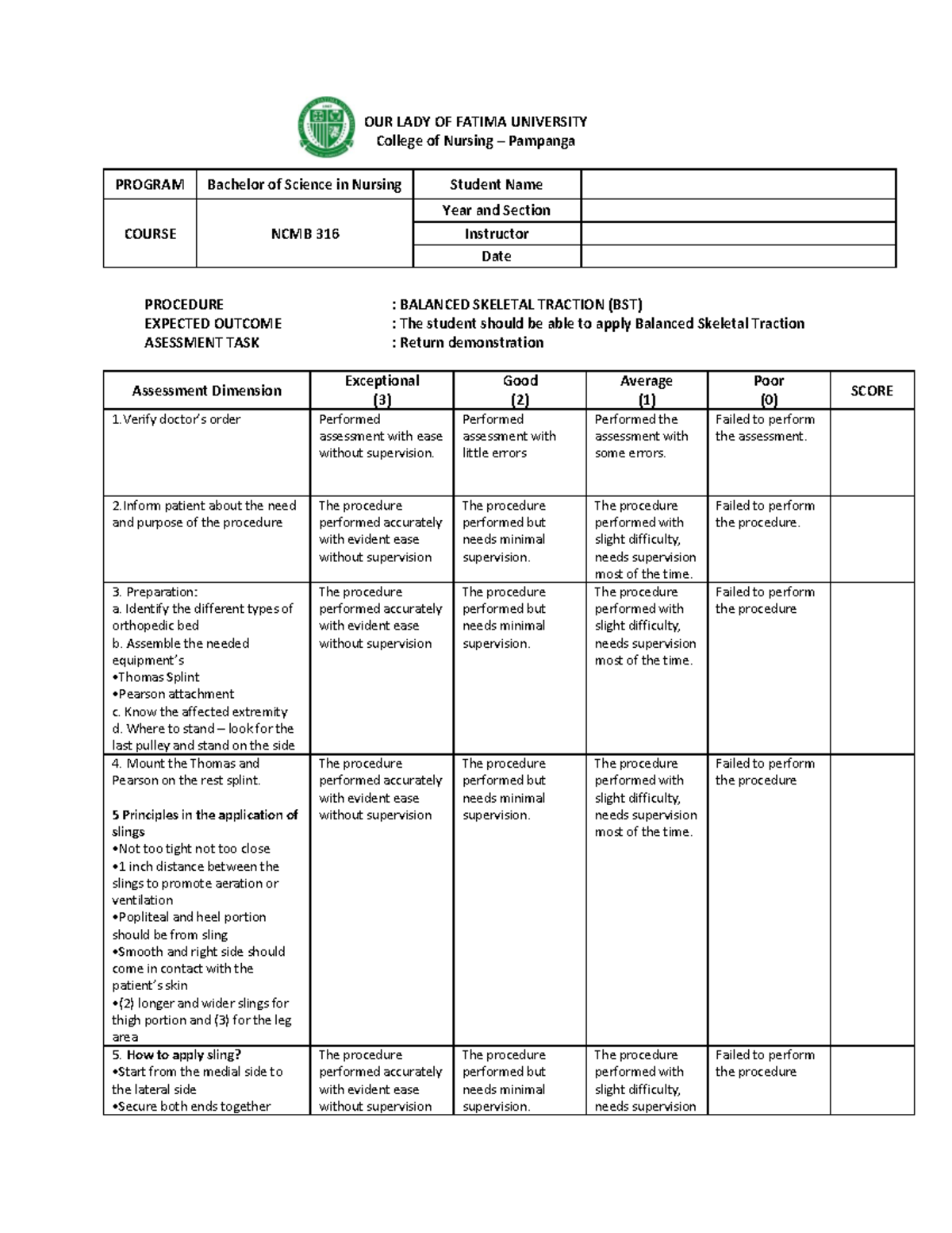 NCMB 316 - Balanced Skeletal Traction Assessment Procedure Guide - Studocu