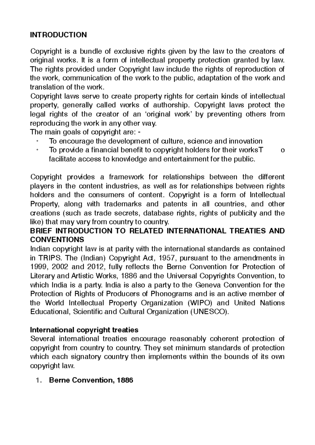 Copy right Law notes - INTRODUCTION Copyright is a bundle of exclusive ...