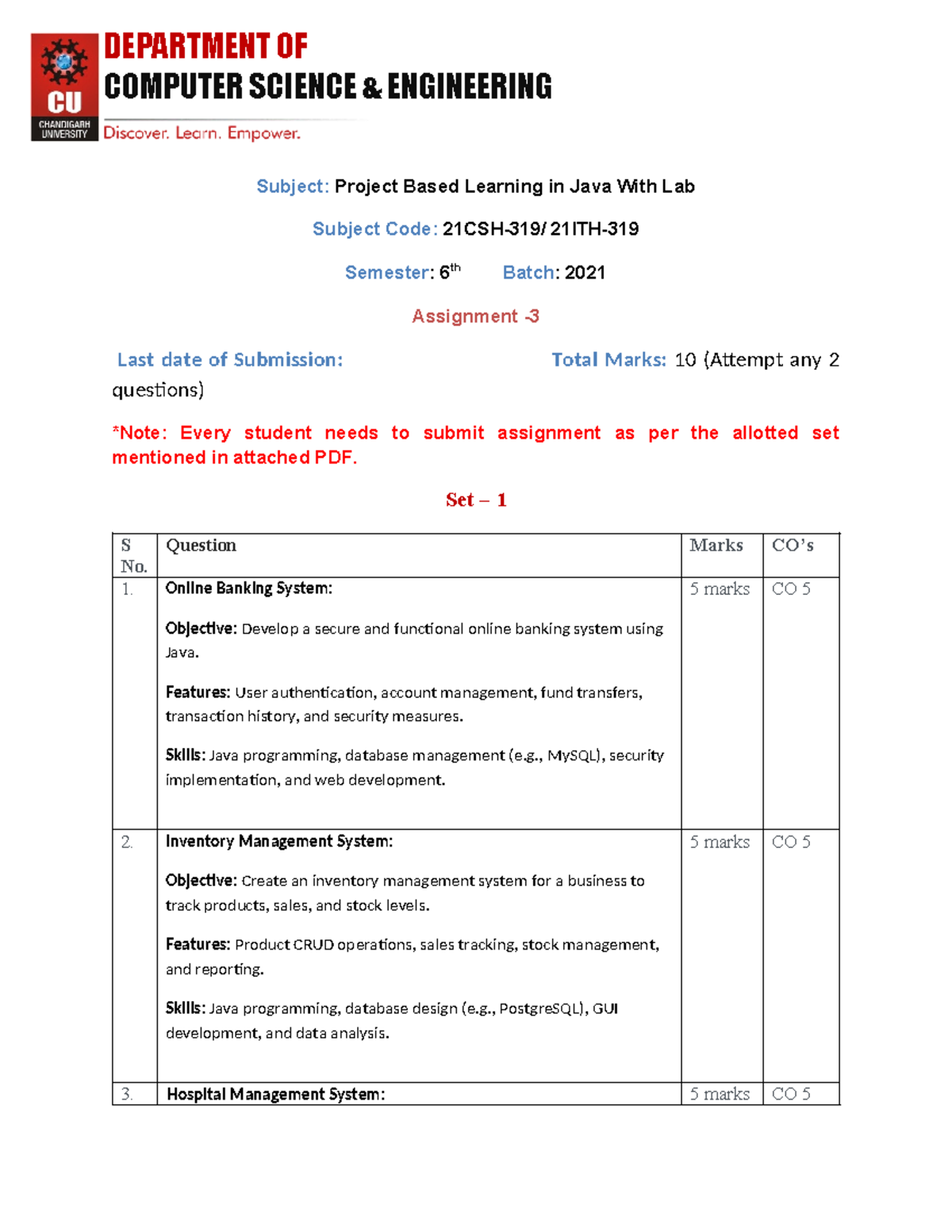 PBLJ Assignment 3: Project-Based Learning in Java for CSE 6th Sem - Studocu