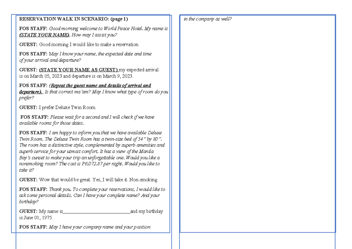P.E DCOPYDCOPYDCOPYDCOPY - RESERVATION WALK IN SCENARIO: (page 1) FOS ...