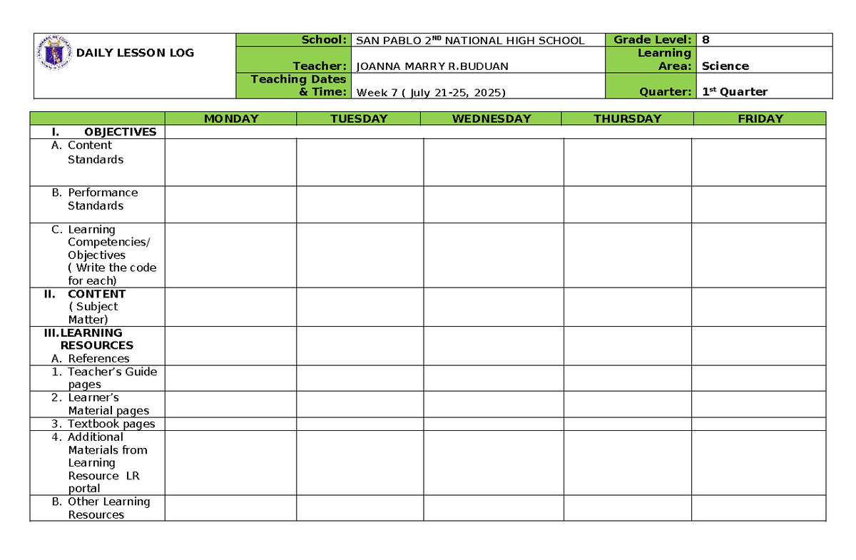 DAILY LESSON LOG: GRADE 8 SCIENCE - WEEK 7 (1ST QTR) - Studocu
