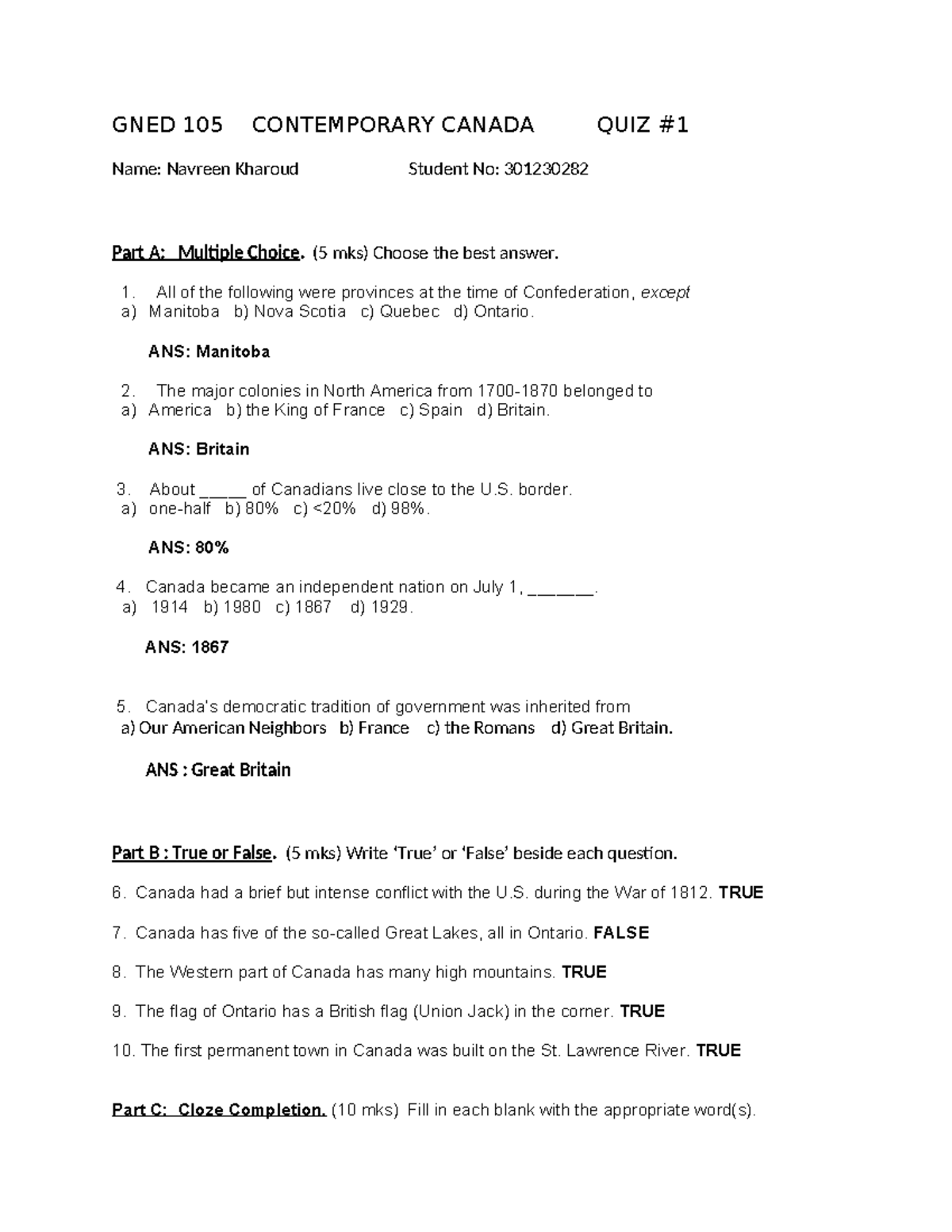 GNED 105 Online Quiz #1 - Contemporary Canada Quiz Details - Studocu