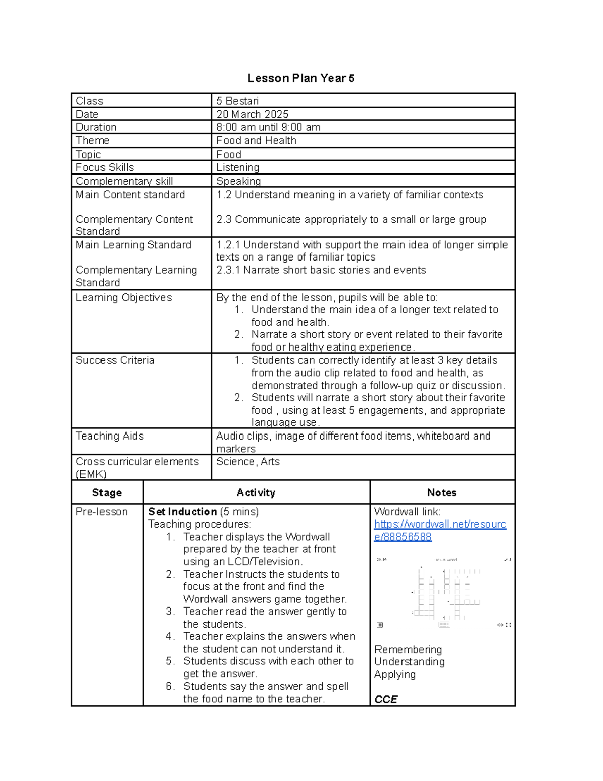 Lesson Plan Year 5: Food and Health Theme (20 March 2025) - Studocu