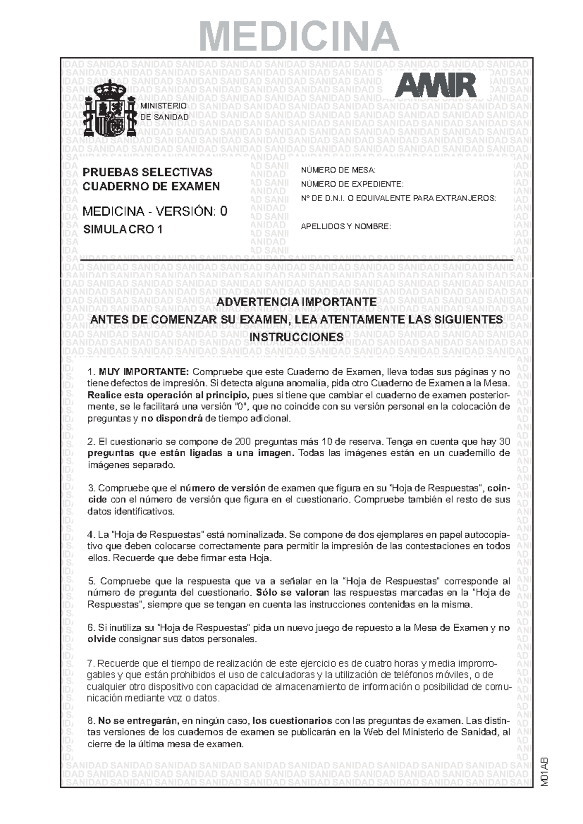 Simulacro de Medicina AMIR 2026 - Examen Selectivo 2020 - Document Preview