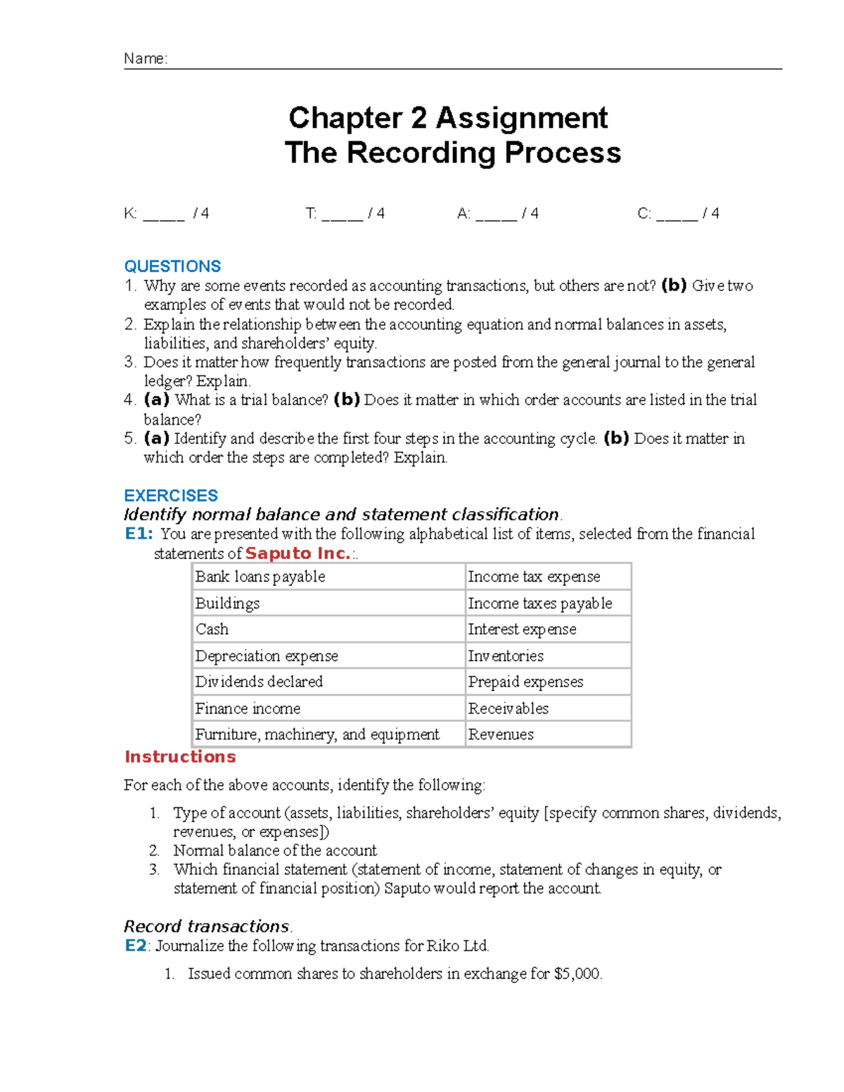 ACCT 101 Chapter 2 Assignment: Recording Process & Transactions - Studocu