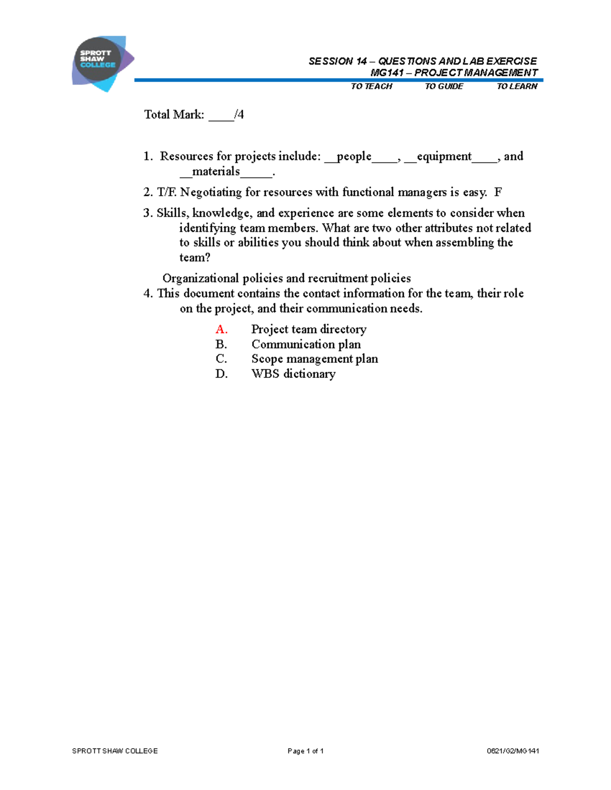 MG141 Chapter Six Part 1 - SESSION 14 – QUESTIONS AND LAB EXERCISE ...