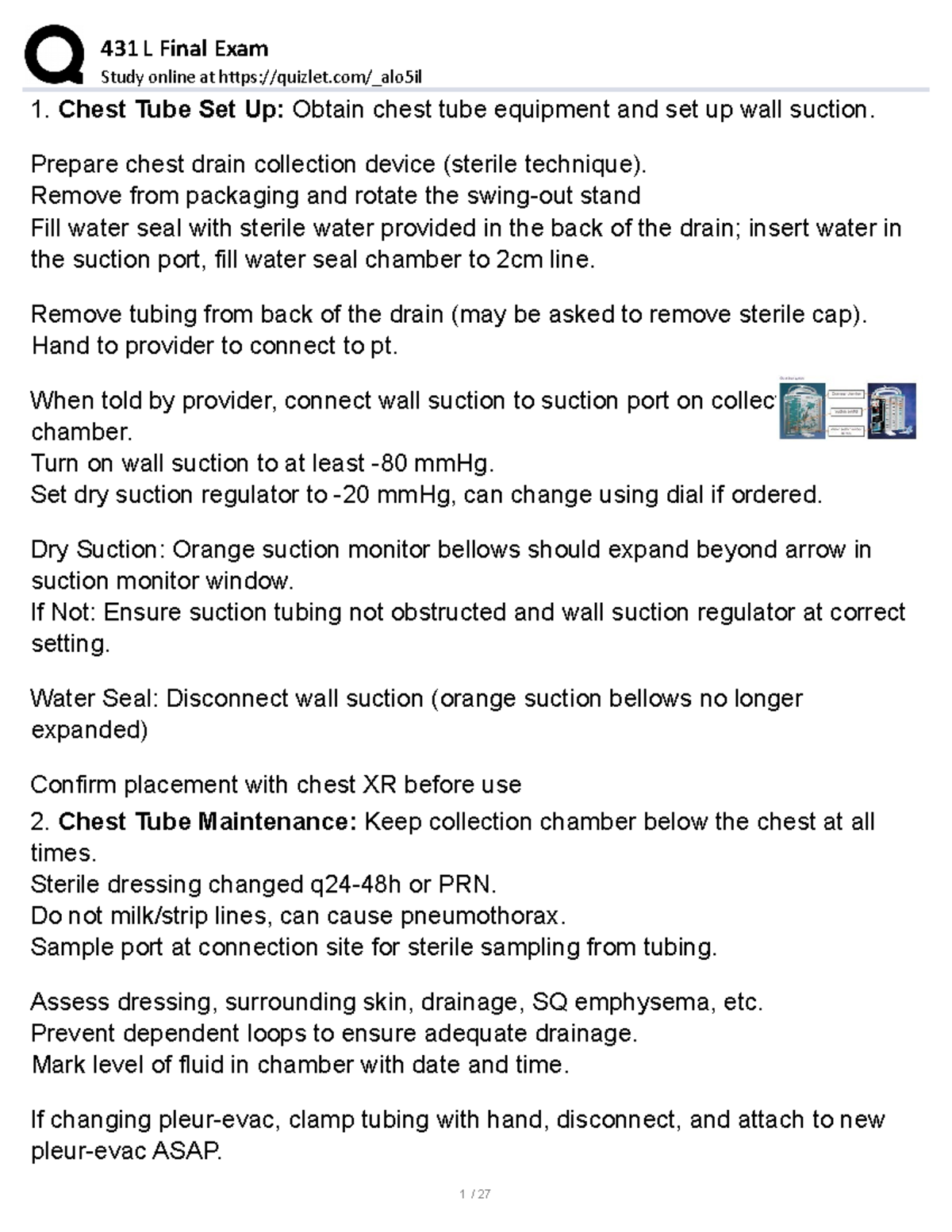Chest Tube and A-Line Setup & Management - Review Exam 431 Notes - Studocu