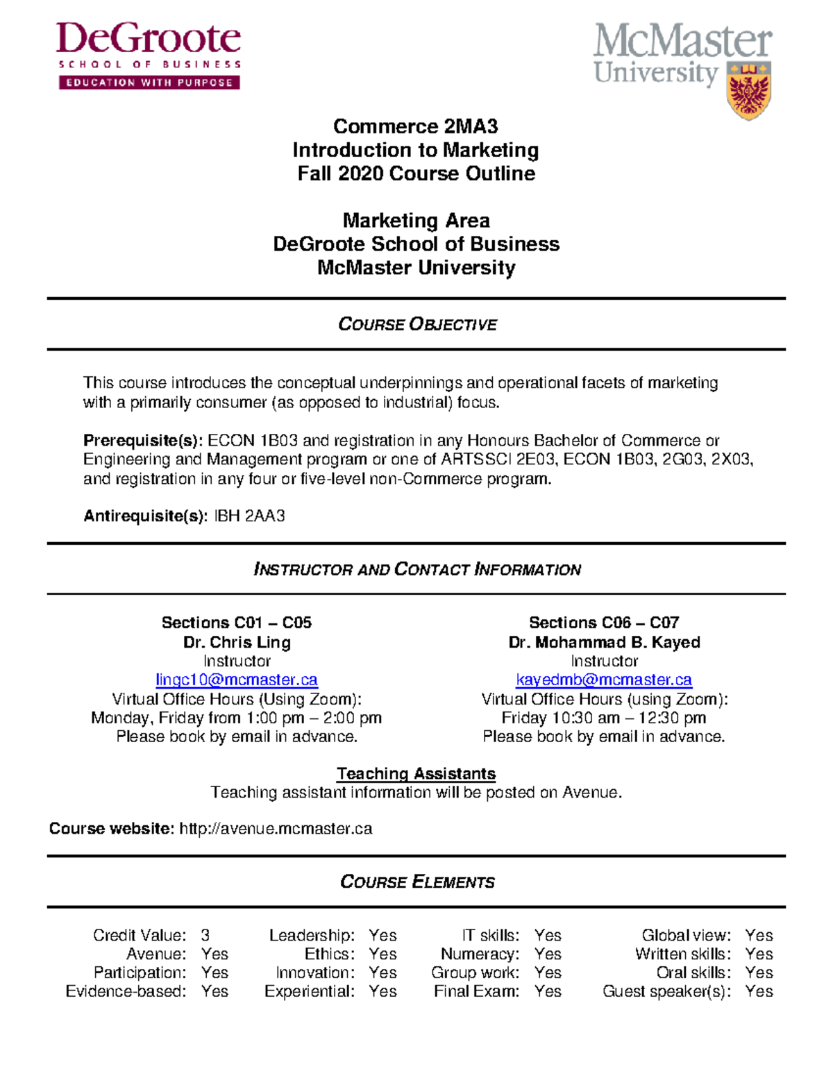 Commerce 2MA3 - Marketing Course Outline & Key Details - Fall 2020 ...