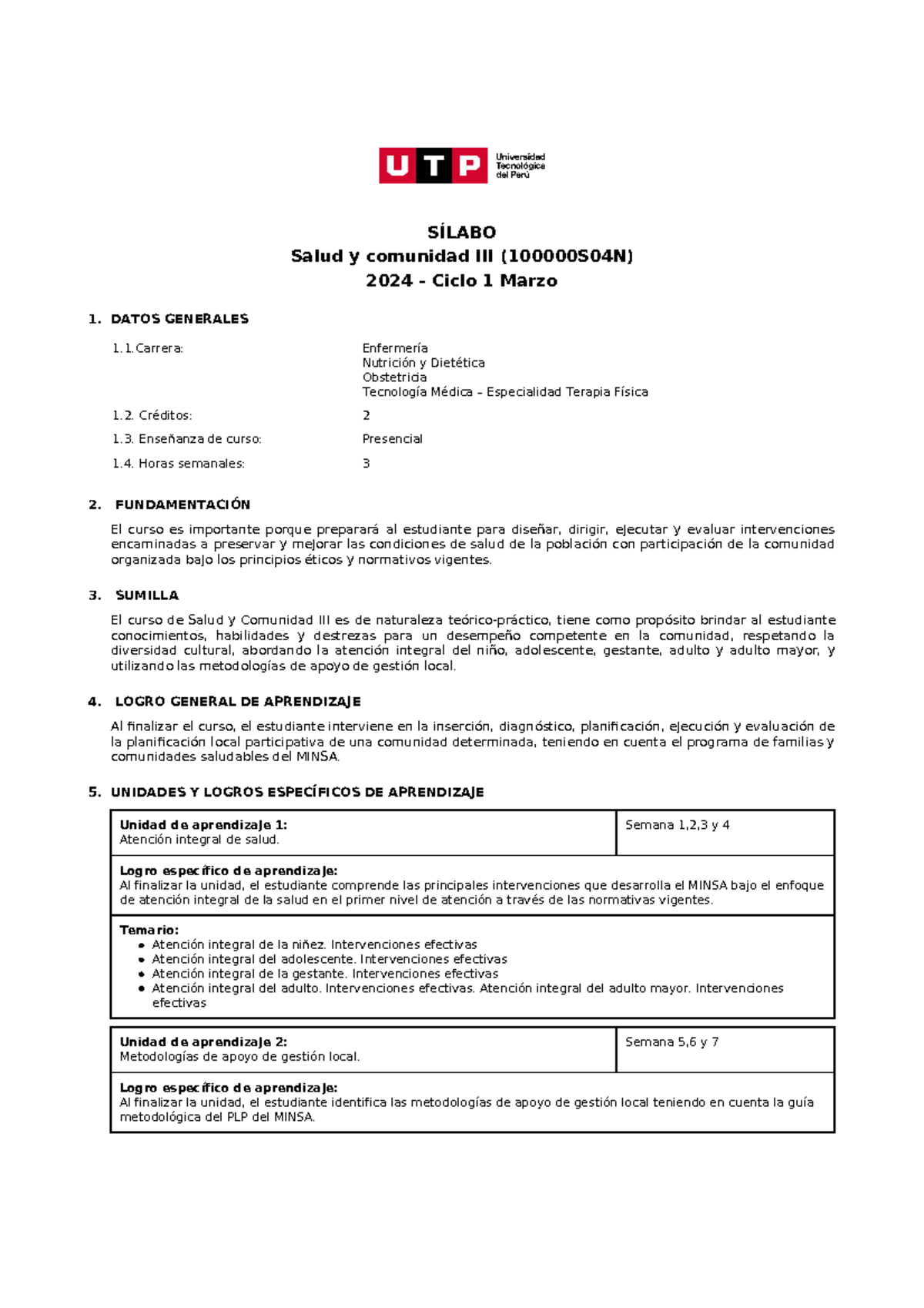Salud y Comunidad III (100000S04N) - Sílabo y Plan de Estudios 2024 - Document Preview