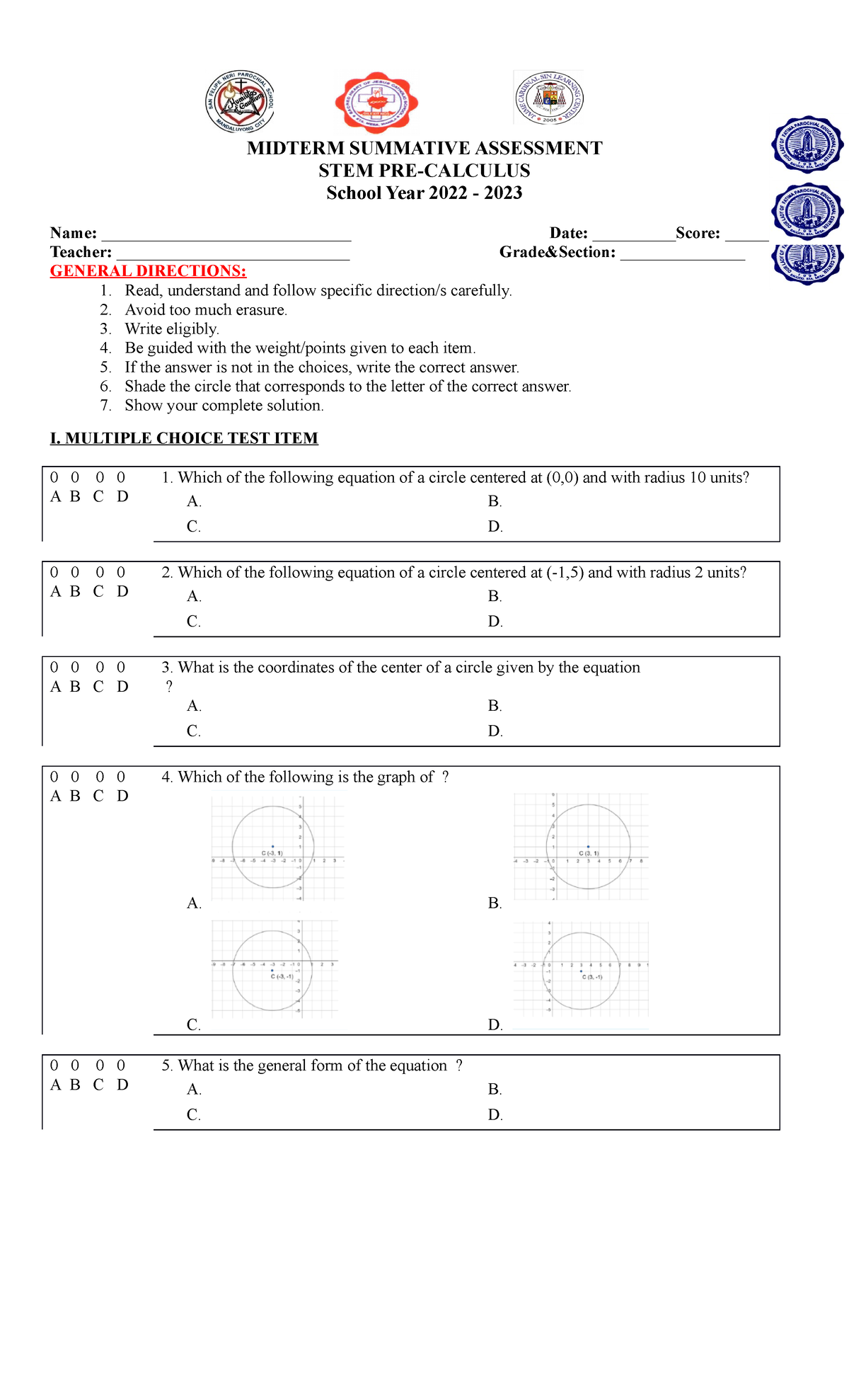 STEM Precalculus: 1st Quarter Midterm Summative Assessment - Studocu