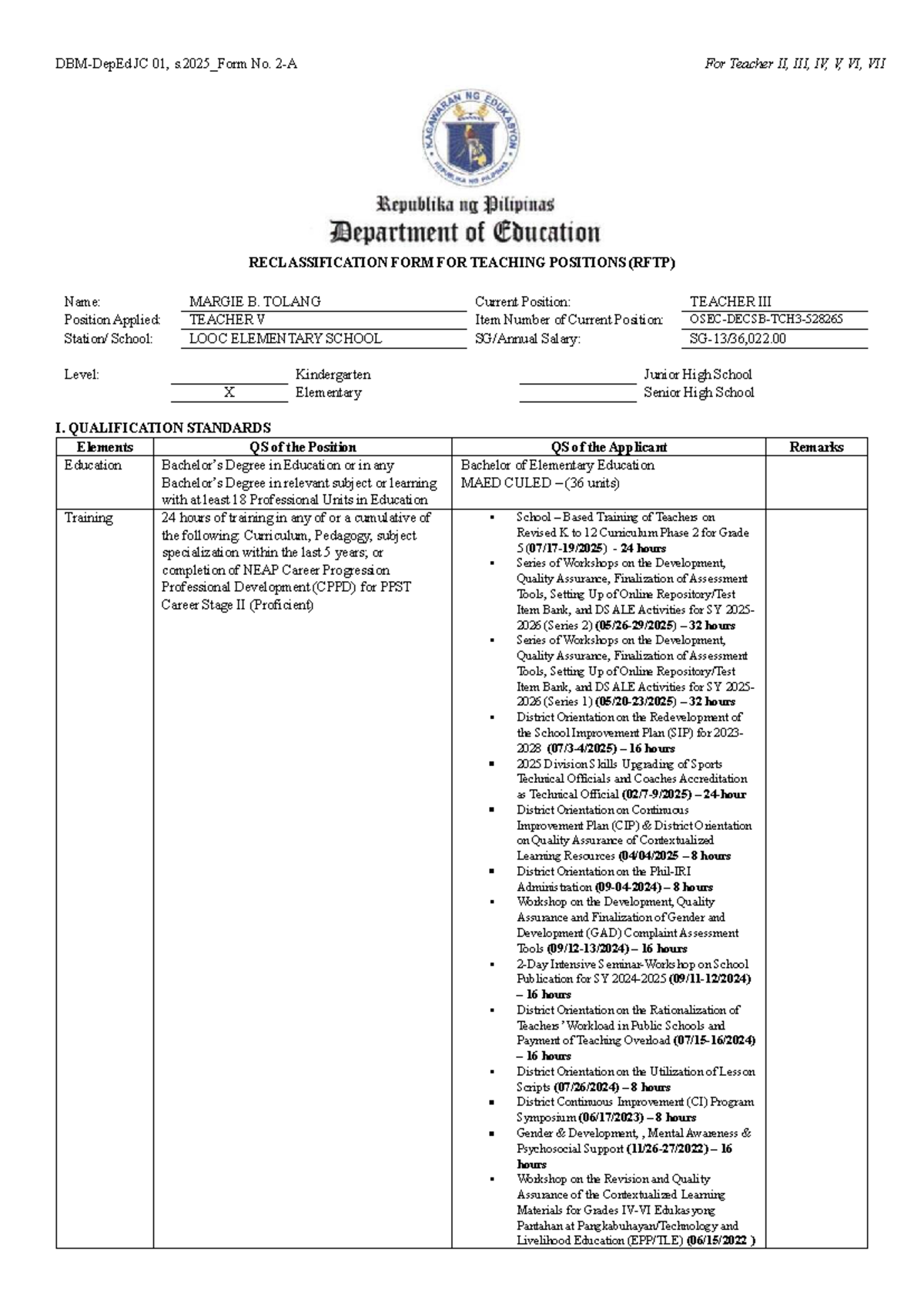 JC 01, s.2025_RFTP Guide for Teacher II to VII Reclassification - Studocu