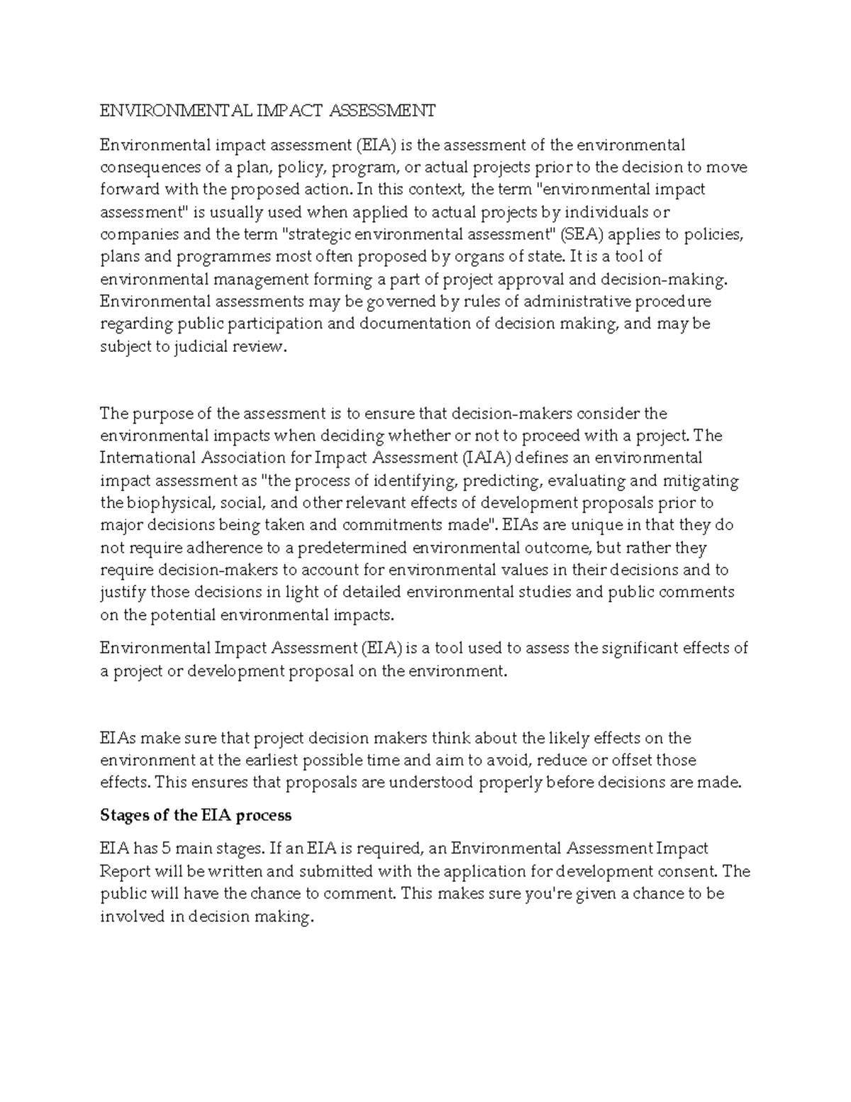 ENVIRONMENTAL IMPACT ASSESSMENT (EIA) OVERVIEW AND PROCESS - Studocu