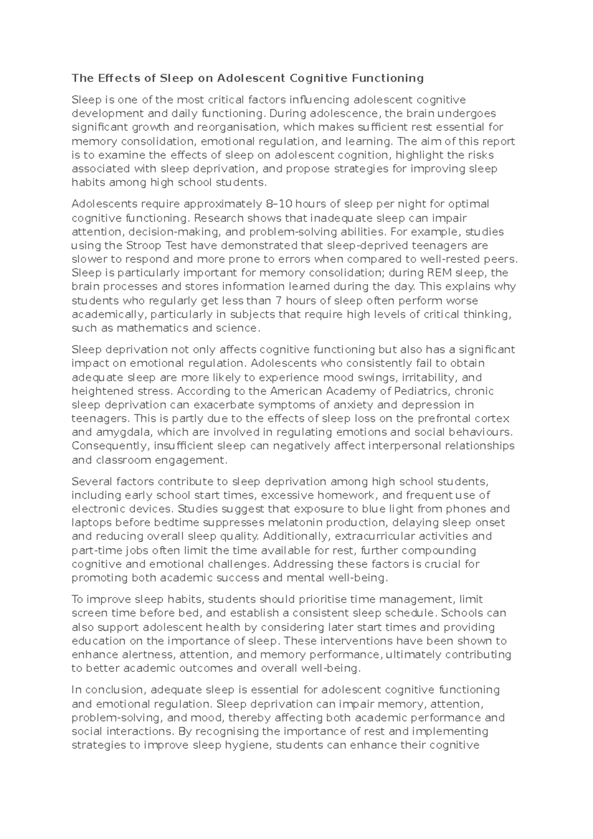 The Impact of Sleep on Adolescent Cognition and Well-being - Studocu