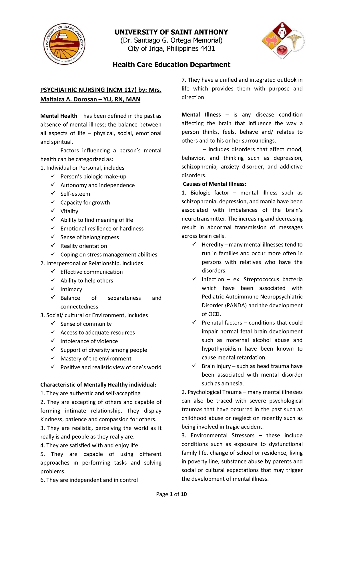 Psychiatric Nursing Overview and Mental Health Concepts (NCM 117) - Studocu