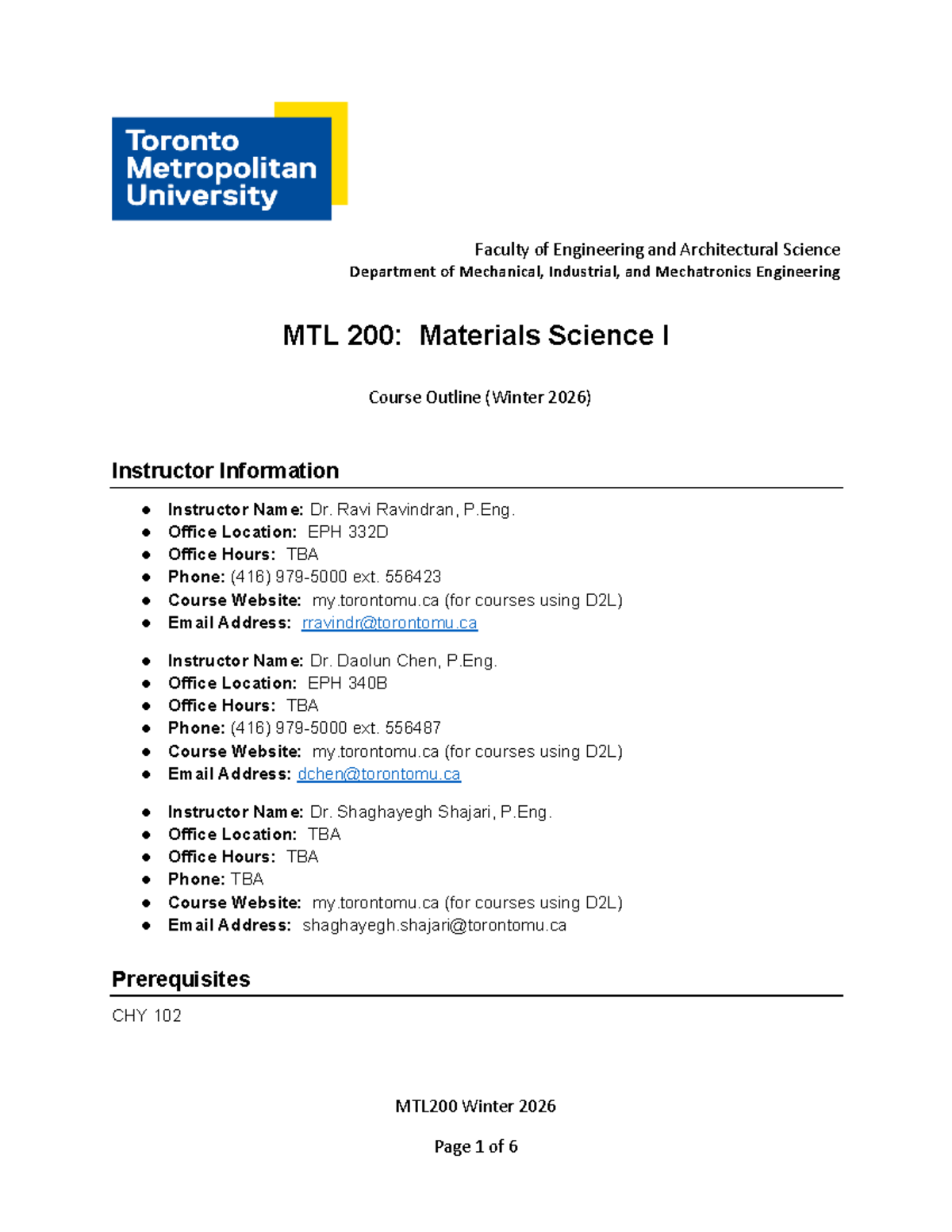 Course Outline for MTL 200: Materials Science I (Winter 2026) - Studocu