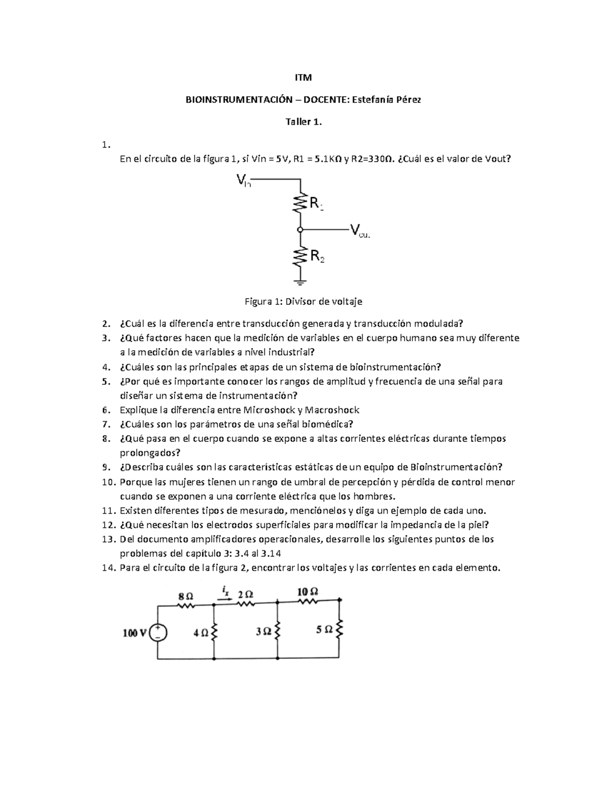 Taller 1 de Bioinstrumentación - ITM 2023 2: Ejercicios y Problemas -  Studocu