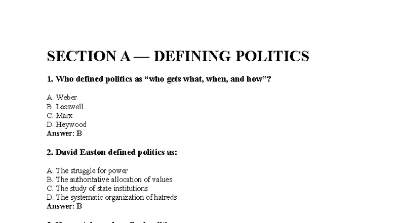 GOVT 1000 MCQ - Defining Politics and Political Science Concepts - Studocu