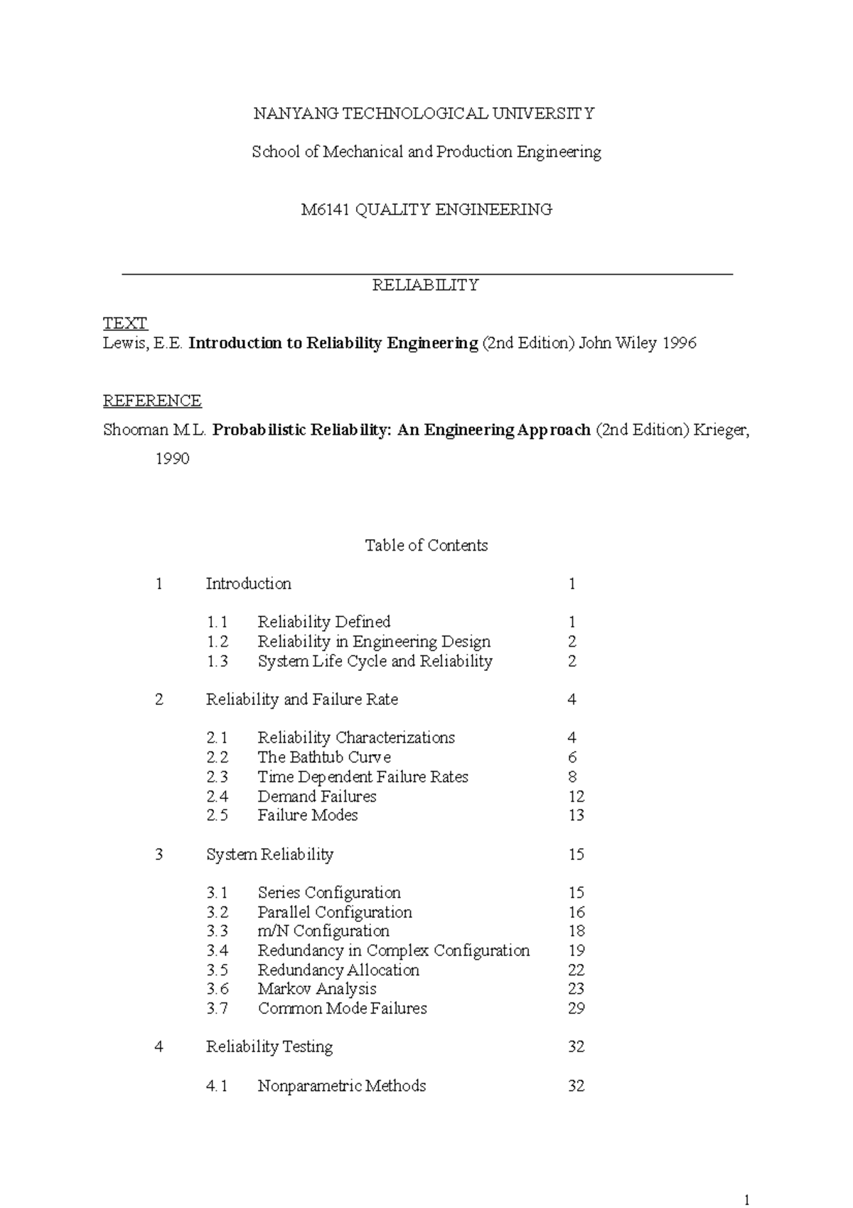 Reliability notes - NANYANG TECHNOLOGICAL UNIVERSITY School of ...