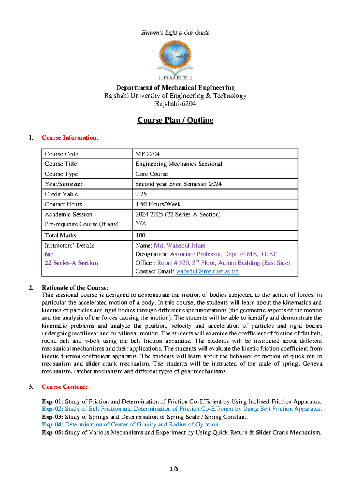 ME 2204 Engineering Mechanics Sessional Course Plan Outline - Studocu
