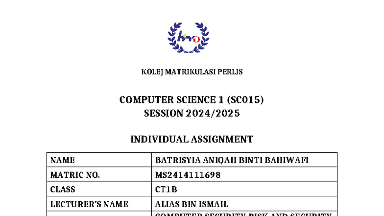Assignment computer science - KOLEJ MATRIKULASI PERLIS COMPUTER SCIENCE ...